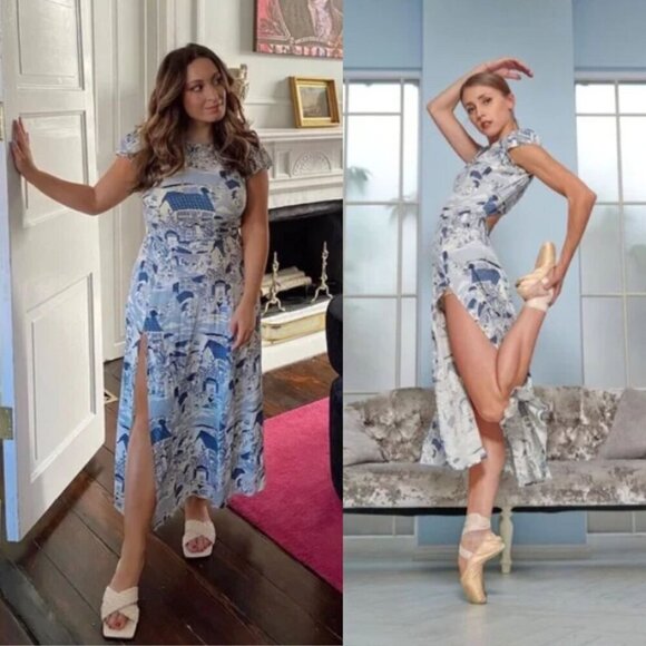 Reformation Gavin Blue White Portugal Printed Open Back Cap Sleeve Midi Dress - Picture 3 of 16